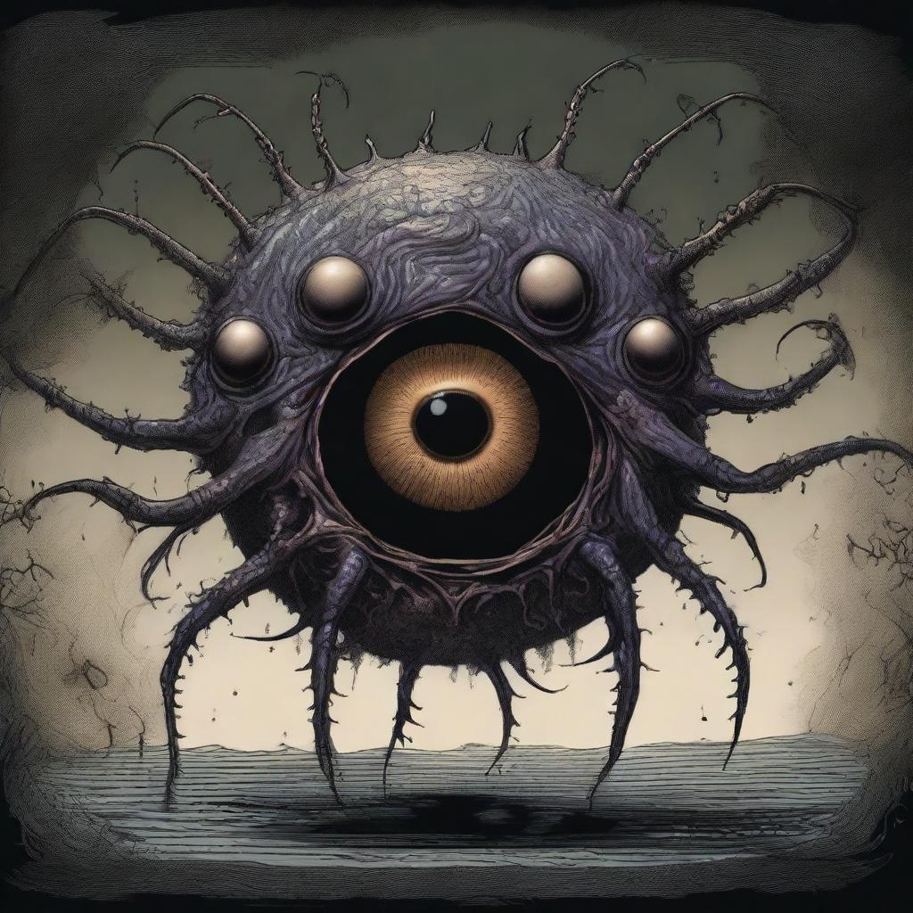 A highly detailed illustration of a Beholder, a floating, spherical creature with a large central eye and multiple smaller eyestalks protruding from its body