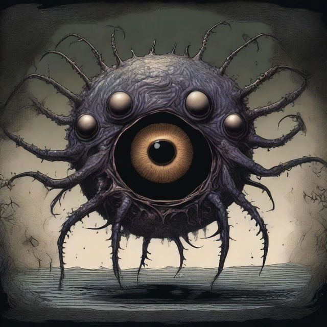 A highly detailed illustration of a Beholder, a floating, spherical creature with a large central eye and multiple smaller eyestalks protruding from its body