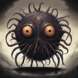 A highly detailed illustration of a Beholder, a floating, spherical creature with a large central eye and multiple smaller eyestalks protruding from its body