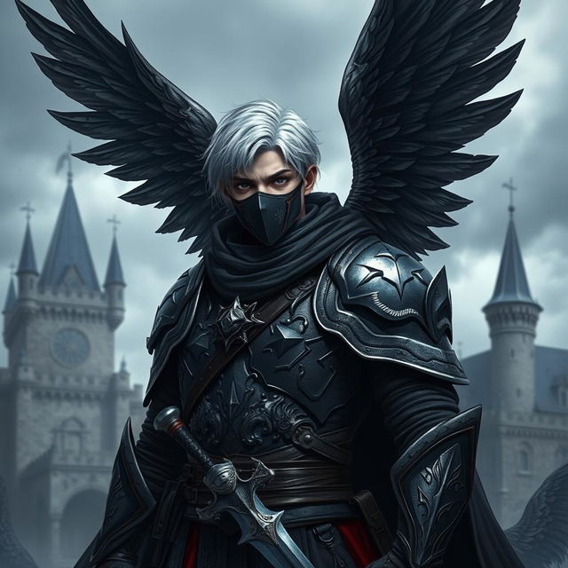 A medieval adult man with short white hair, black wings, two swords, and a mouth mask