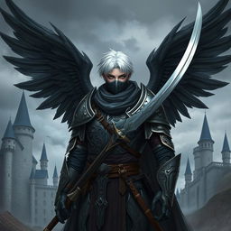 A medieval adult man with short white hair, black wings, two swords, and a mouth mask