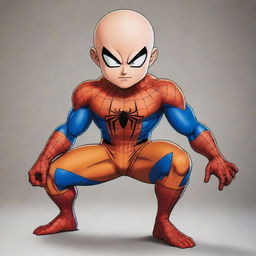 Krillin from Dragon Ball Z dressed in Marvel's Spider-Man costume, depicted in the iconic Dragon Ball art style