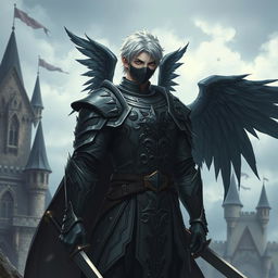 A medieval adult man with short white hair, black wings, two swords, and a mouth mask