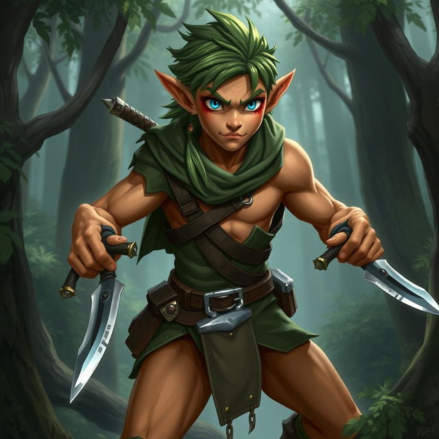 A cunning and agile forest elf criminal with copper-colored skin, blue eyes, and green hair