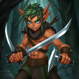 A cunning and agile forest elf criminal with copper-colored skin, blue eyes, and green hair