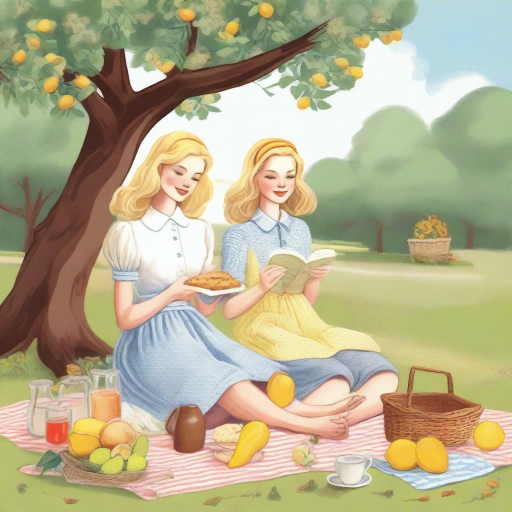 A delicate illustration of two young blonde women in casual clothes having a picnic