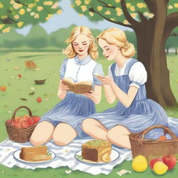 A delicate illustration of two young blonde women in casual clothes having a picnic