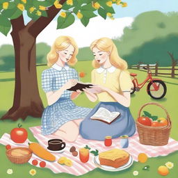 A delicate illustration of two young blonde women in casual clothes having a picnic