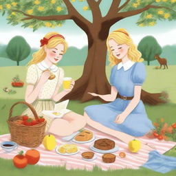 A delicate illustration of two young blonde women in casual clothes having a picnic