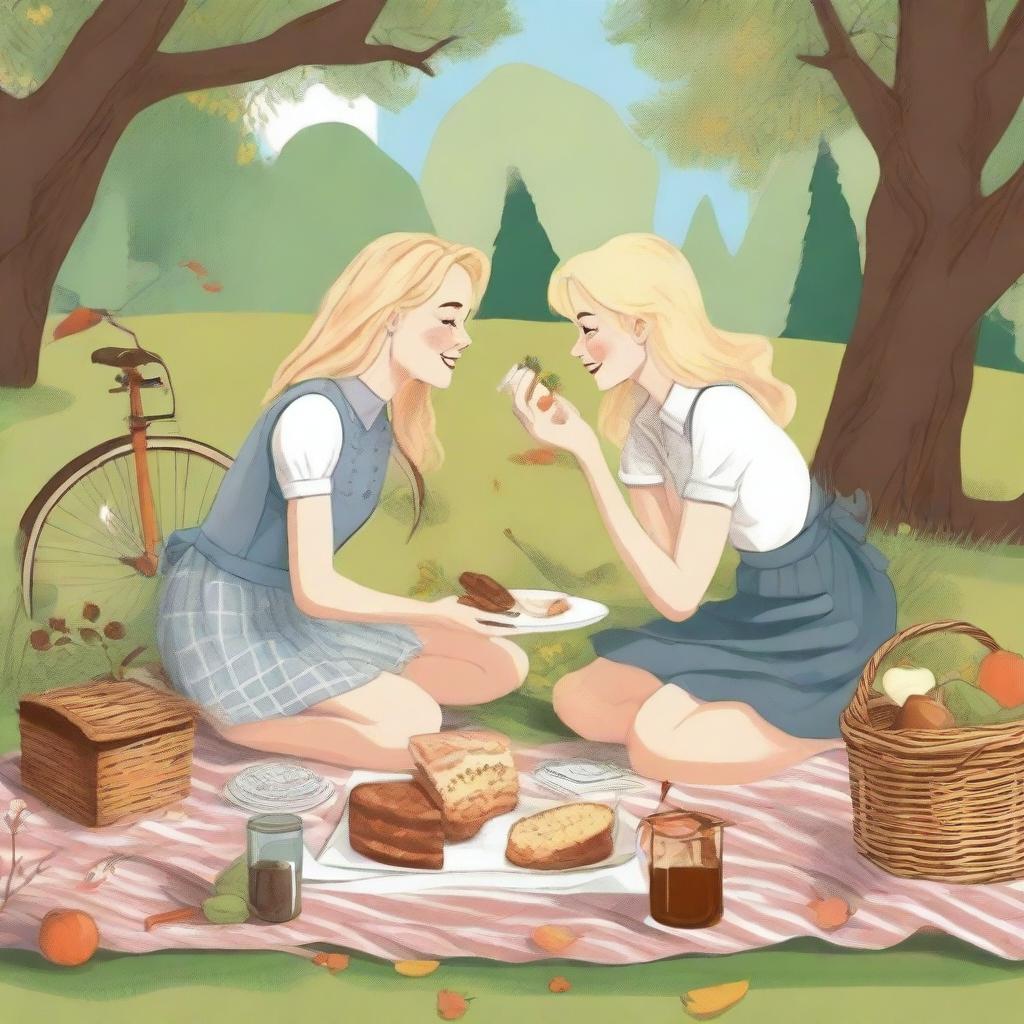 An illustration of two young blonde women in casual clothes having a picnic