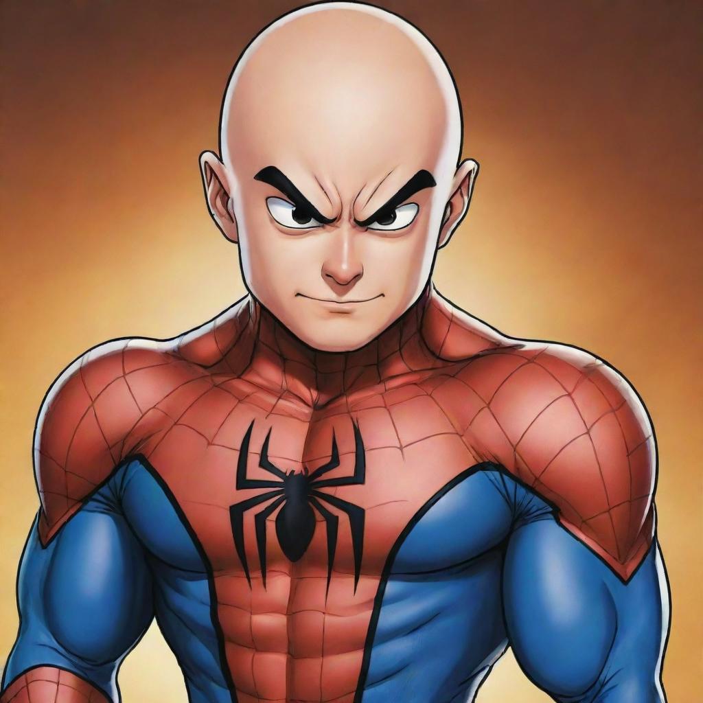 Krillin from Dragon Ball Z dressed in Marvel's Spider-Man costume, depicted in the iconic Dragon Ball art style