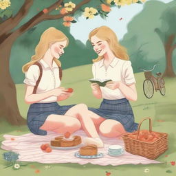 An illustration of two young blonde women in casual clothes having a picnic