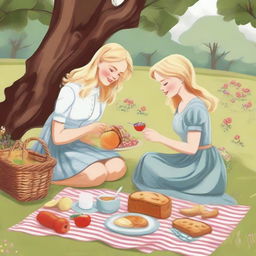 An illustration of two young blonde women in casual clothes having a picnic