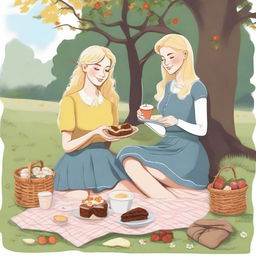 An illustration of two young blonde women in casual clothes having a picnic