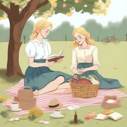 An illustration of two young blonde women in casual clothes having a picnic