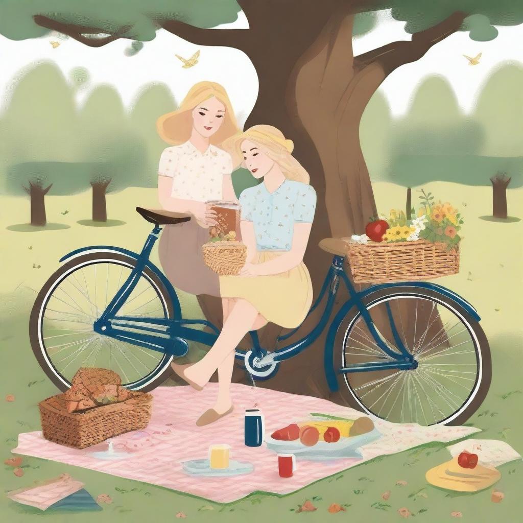 An illustration of two young blonde women in casual clothes having a picnic