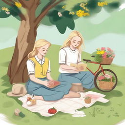 An illustration of two young blonde women in casual clothes having a picnic