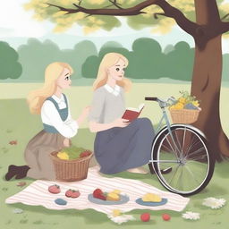 An illustration of two young blonde women in casual clothes having a picnic