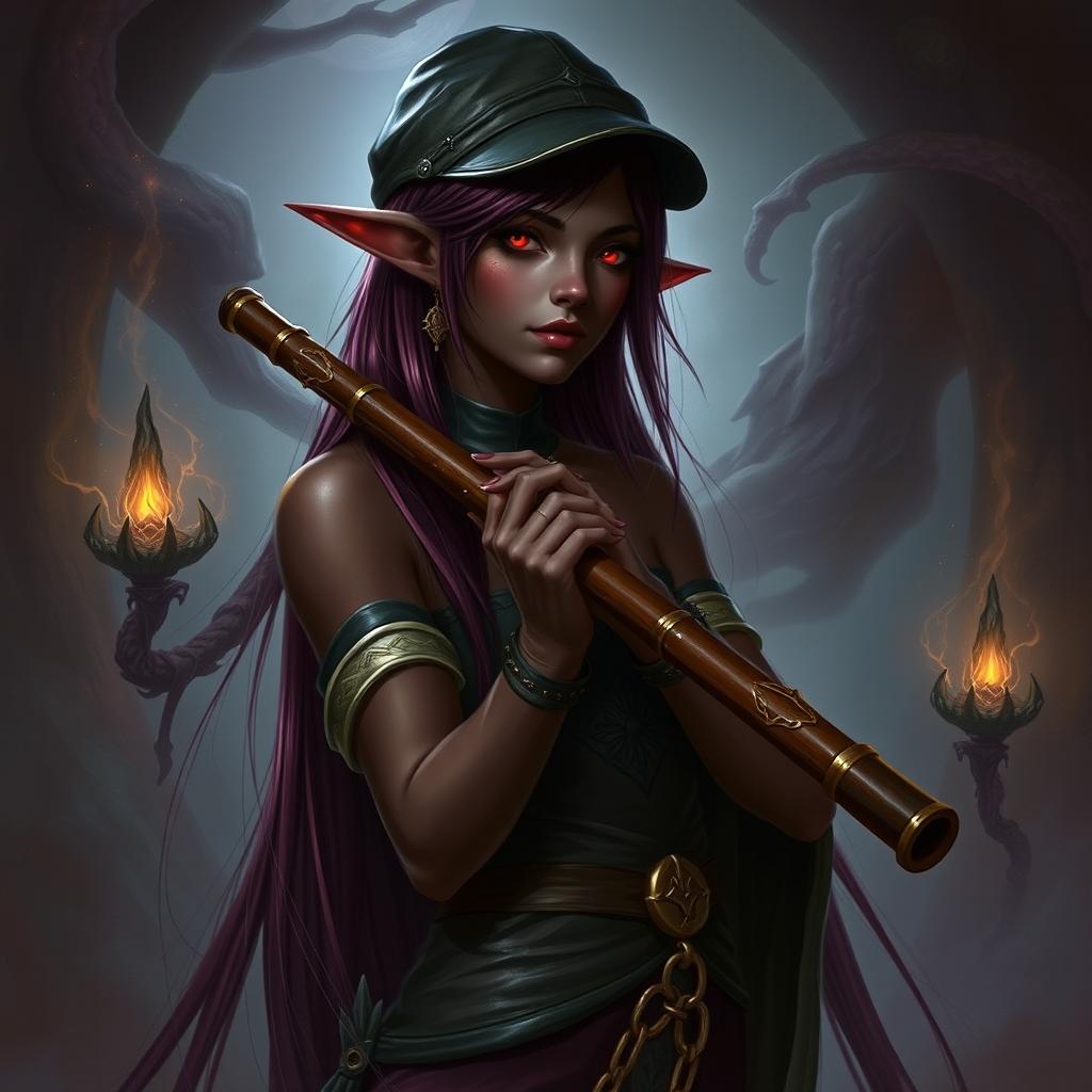 A drow elf woman with dark skin, long burgundy hair, and red eyes, holding a flute in her hands