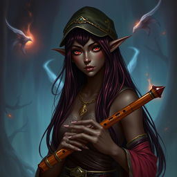 A drow elf woman with dark skin, long burgundy hair, and red eyes, holding a flute in her hands