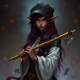 A drow elf woman with dark skin, long burgundy hair, and red eyes, holding a flute in her hands