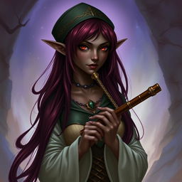 A drow elf woman with dark skin, long burgundy hair, and red eyes, holding a flute in her hands