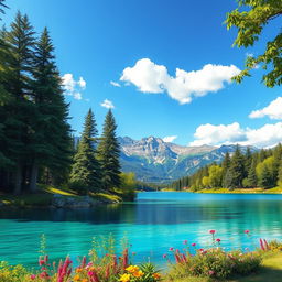 Create a beautiful and serene landscape featuring a clear blue lake surrounded by lush green trees and colorful flowers