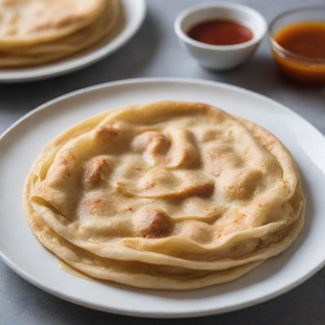 A perfectly golden, flaky roti canai, meticulously handcrafted and presented on a white ceramic plate