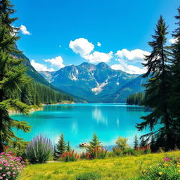 Create a beautiful and serene landscape featuring a clear blue lake surrounded by lush green trees and colorful flowers