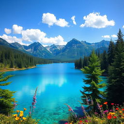 Create a beautiful and serene landscape featuring a clear blue lake surrounded by lush green trees and colorful flowers