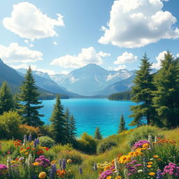 Create a beautiful and serene landscape featuring a clear blue lake surrounded by lush green trees and colorful flowers