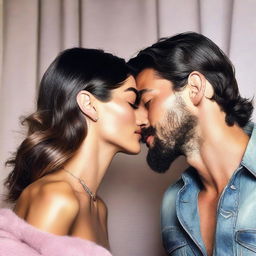 A young woman with fair skin, resembling Lily Aldridge, with long wavy black hair, a fine nose, and pink glossy lips, kissing her young husband, who looks like a 20-year-old Can Yaman