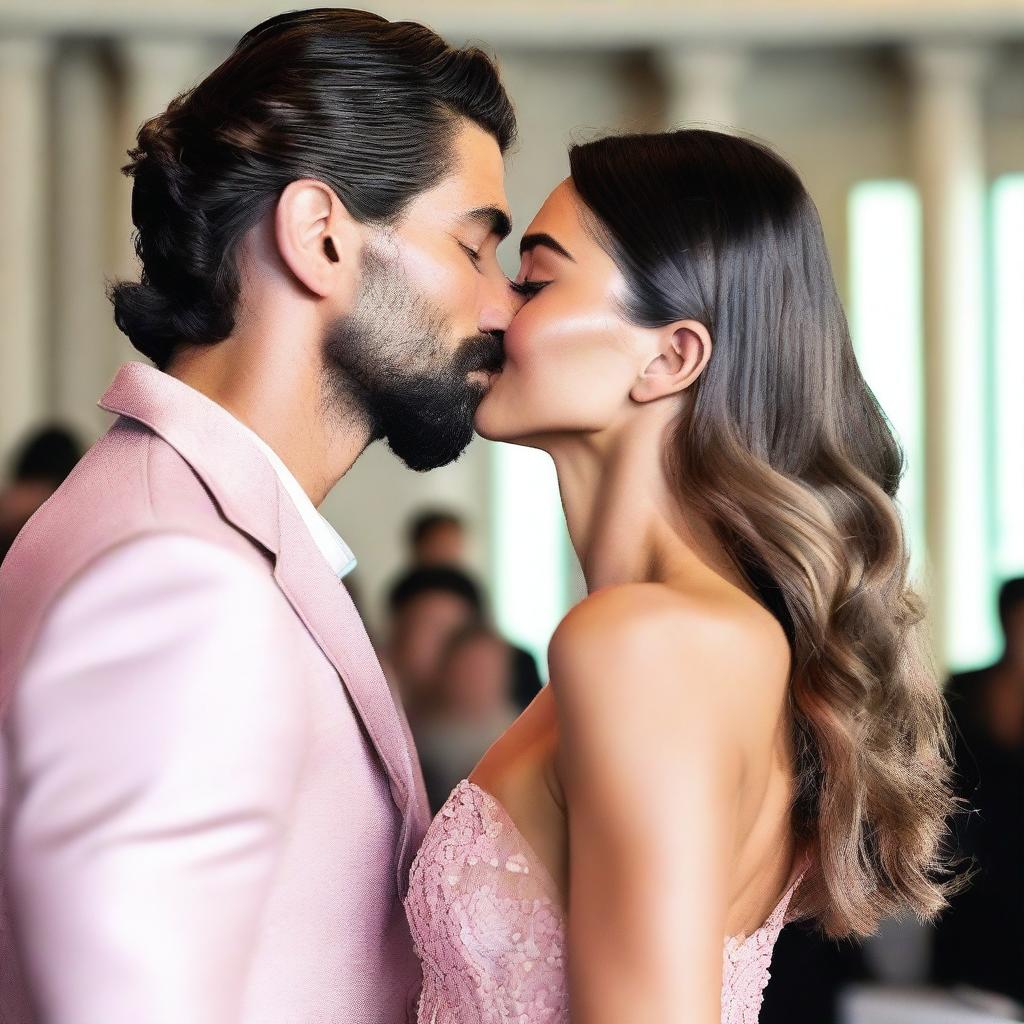 A young woman with fair skin, resembling Lily Aldridge, with long wavy black hair, a fine nose, and pink glossy lips, kissing her young husband, who looks like a 20-year-old Can Yaman