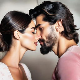 A young woman with fair skin, resembling Lily Aldridge, with long wavy black hair, a fine nose, and pink glossy lips, kissing her young husband, who looks like a 20-year-old Can Yaman