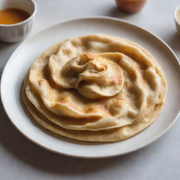 A perfectly golden, flaky roti canai, meticulously handcrafted and presented on a white ceramic plate