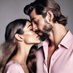 A young woman with fair skin, resembling Lily Aldridge, with long wavy black hair, a fine nose, and pink glossy lips, kissing her young husband, who looks like a 20-year-old Can Yaman