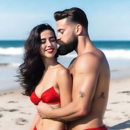 A young woman with fair skin, long wavy black hair, a fine nose, and pink glossed lips is wearing a red bikini