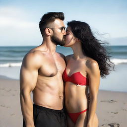 A young woman with fair skin, long wavy black hair, a fine nose, and pink glossed lips is wearing a red bikini