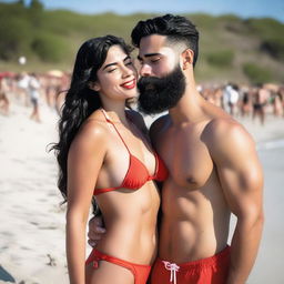 A young woman with fair skin, long wavy black hair, a fine nose, and pink glossed lips is wearing a red bikini