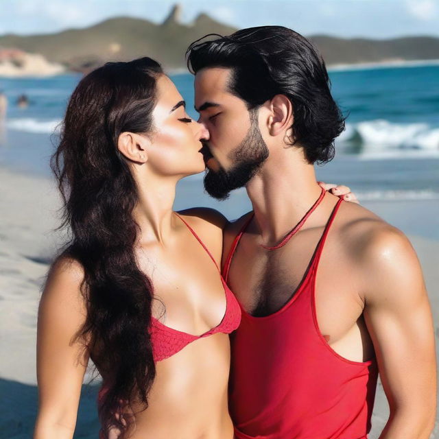 A young woman with fair skin, long wavy black hair, a fine nose, and pink glossed lips is wearing a red bikini