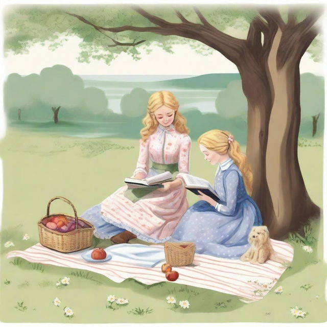 An illustration of two young blonde women having a picnic