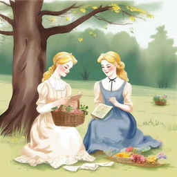 An illustration of two young blonde women having a picnic