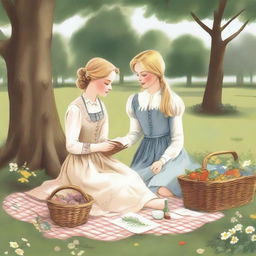 An illustration of two young blonde women having a picnic