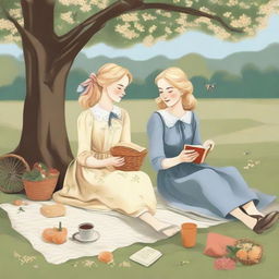 An illustration of two young blonde women having a picnic