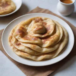 A perfectly golden, flaky roti canai, meticulously handcrafted and presented on a white ceramic plate