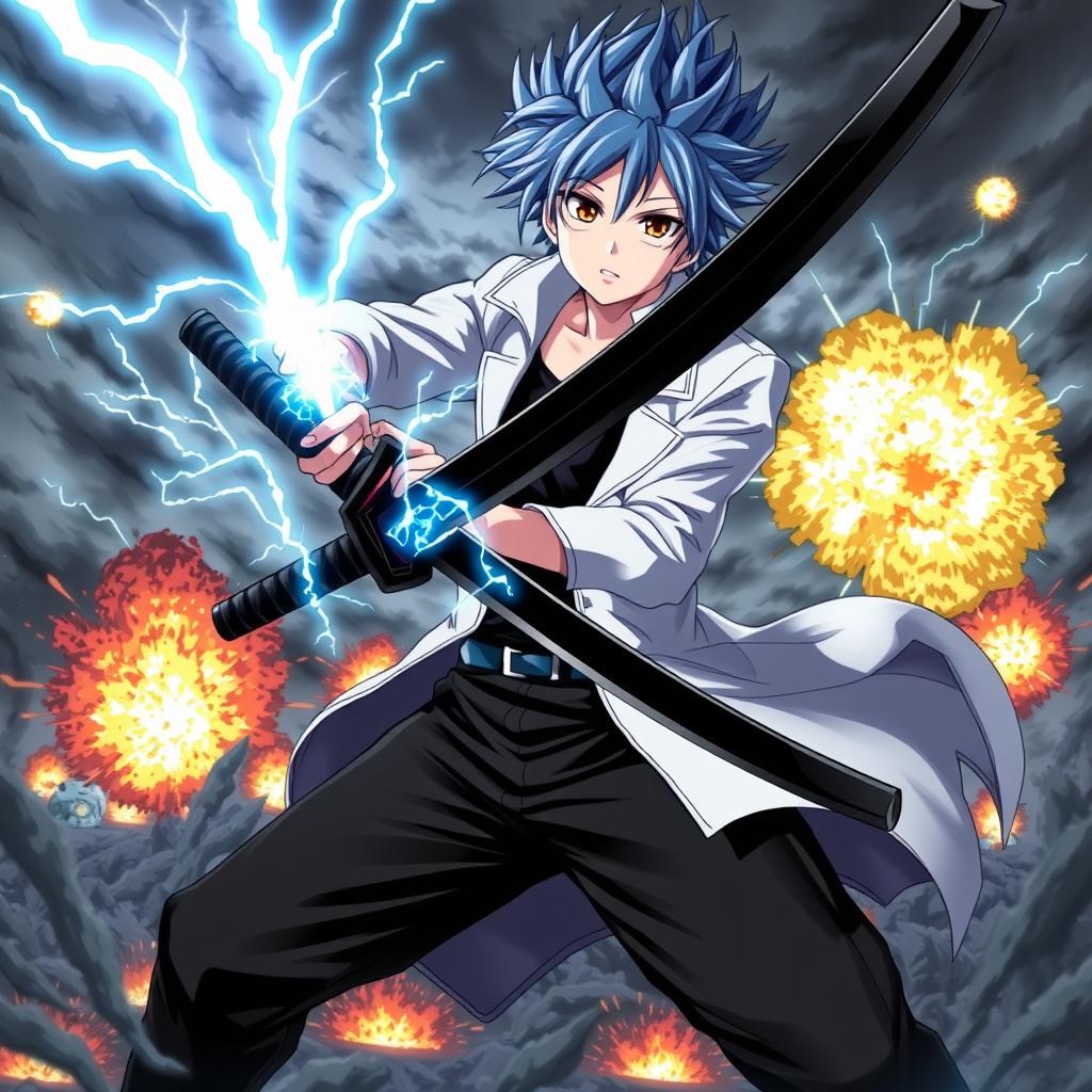 A powerful scene featuring an anime boy with blue hair and black streaks, wearing a white coat, black pants, and a black undershirt