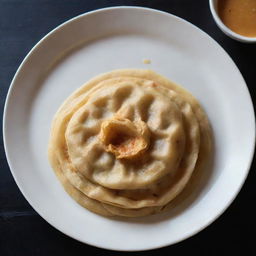 A perfectly golden, flaky roti canai, meticulously handcrafted and presented on a white ceramic plate