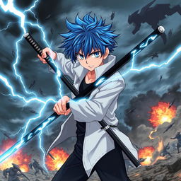 A powerful scene featuring an anime boy with blue hair and black streaks, wearing a white coat, black pants, and a black undershirt