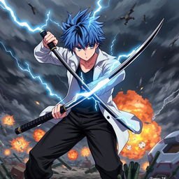 A powerful scene featuring an anime boy with blue hair and black streaks, wearing a white coat, black pants, and a black undershirt