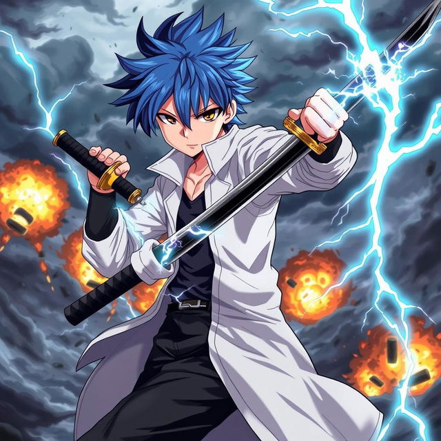 A powerful scene featuring an anime boy with blue hair and black streaks, wearing a white coat, black pants, and a black undershirt